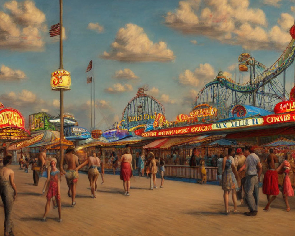 Amusement park rides on bustling boardwalk under blue sky