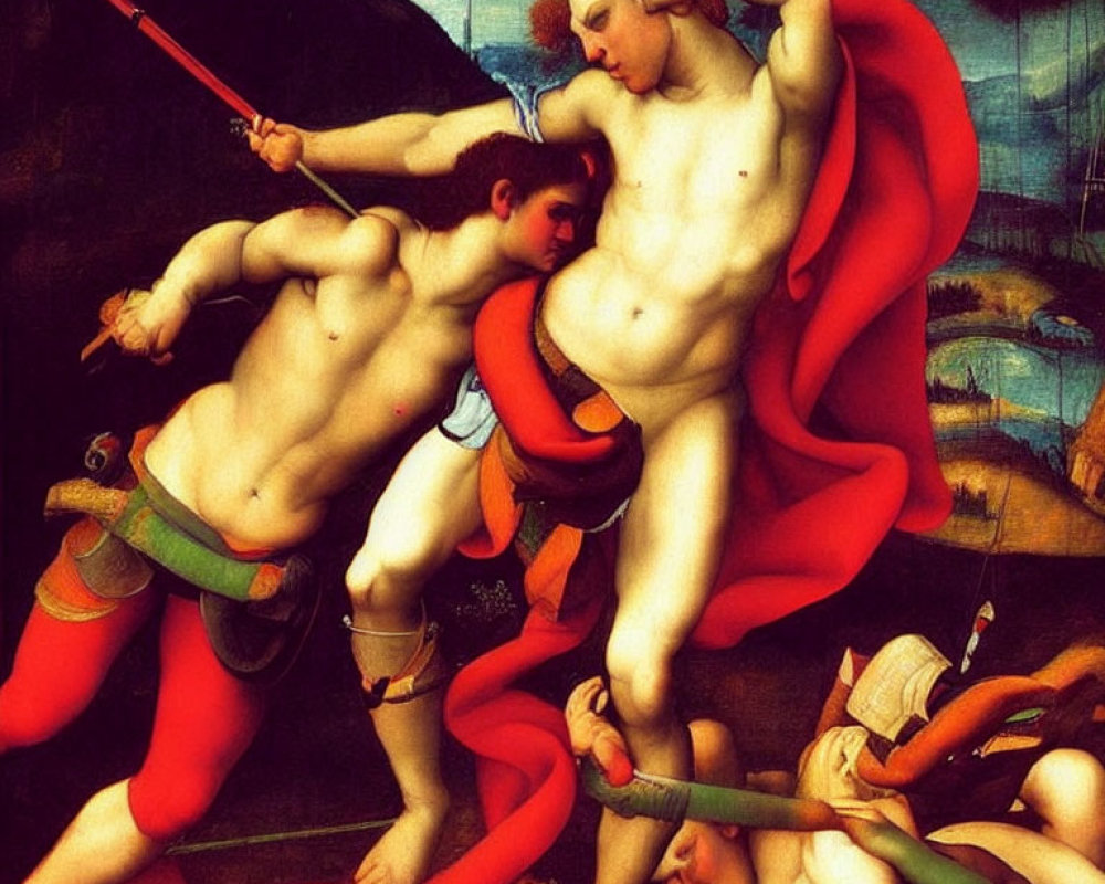 Classical painting of two muscular male figures in dynamic struggle