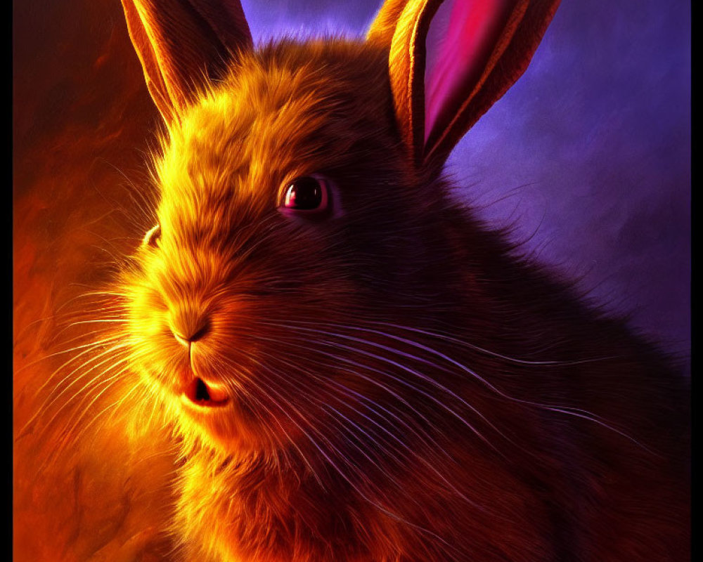 Realistic Brown Rabbit Portrait with Intense Gaze in Orange and Purple Light