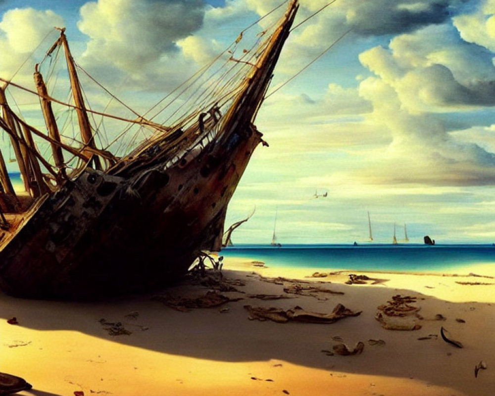 Abandoned shipwreck on remote beach with stormy sky.