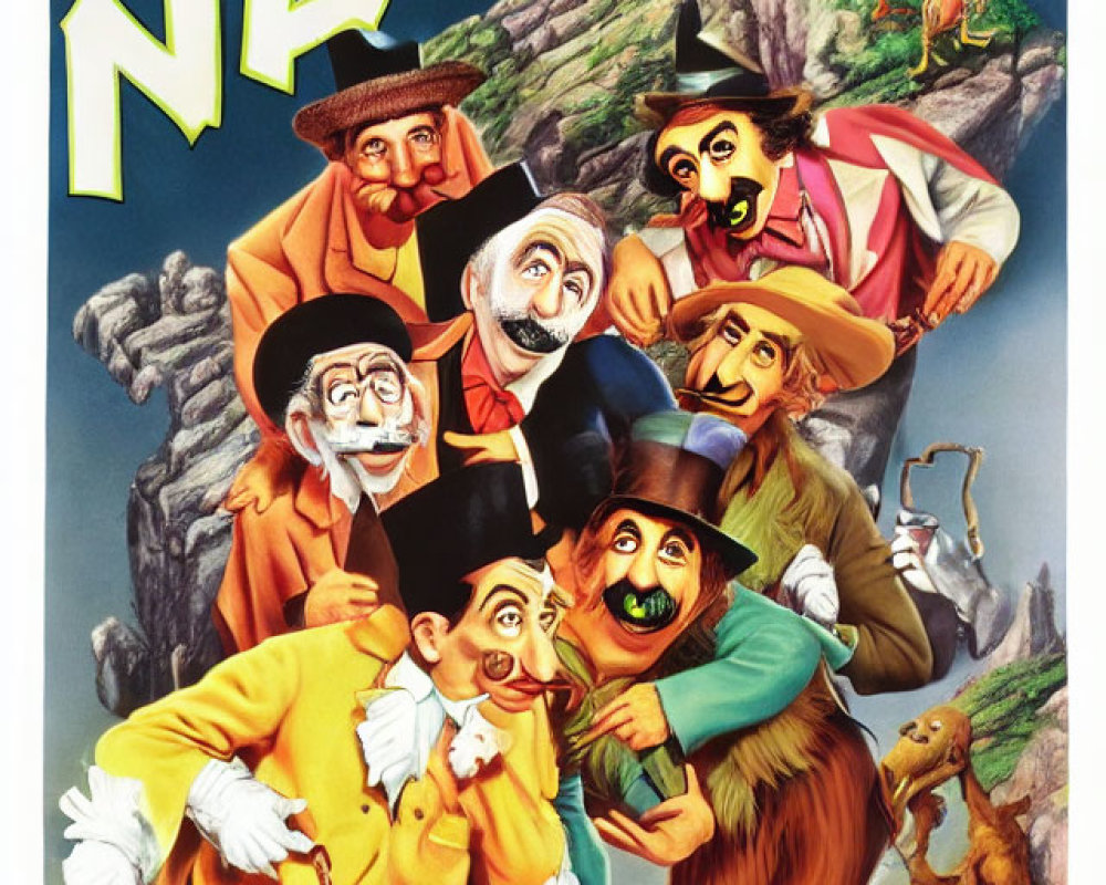 Colorful vintage movie poster with caricatures of men and a curious animal on rocky terrain