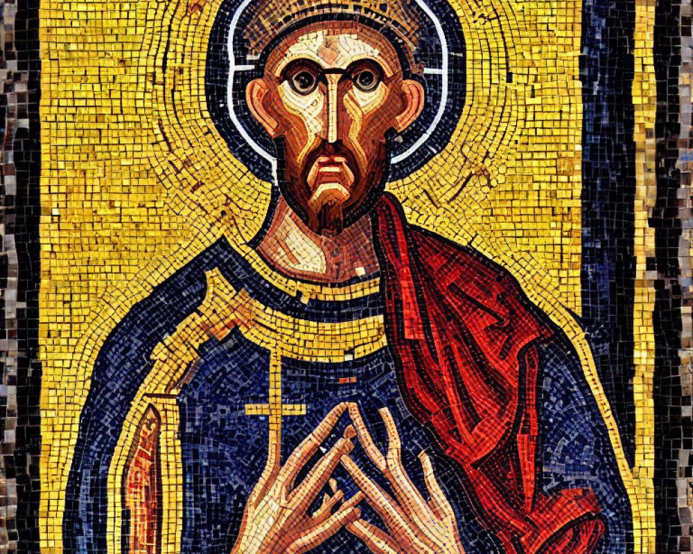 Saint Mosaic in Blue and Red Robes with Halo and Prayer Gesture