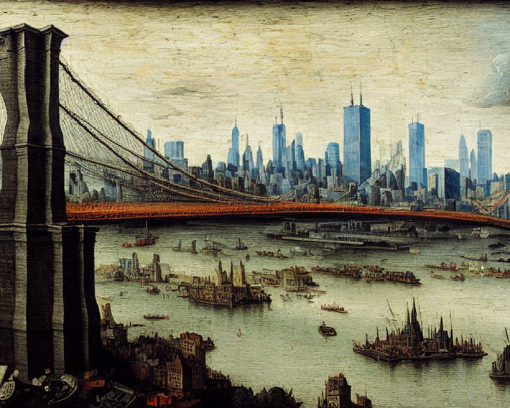 Vintage-style Illustration of Brooklyn Bridge and NYC Skyline