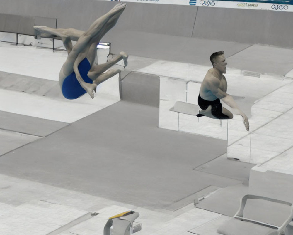 Synchronized indoor divers with Olympic rings background