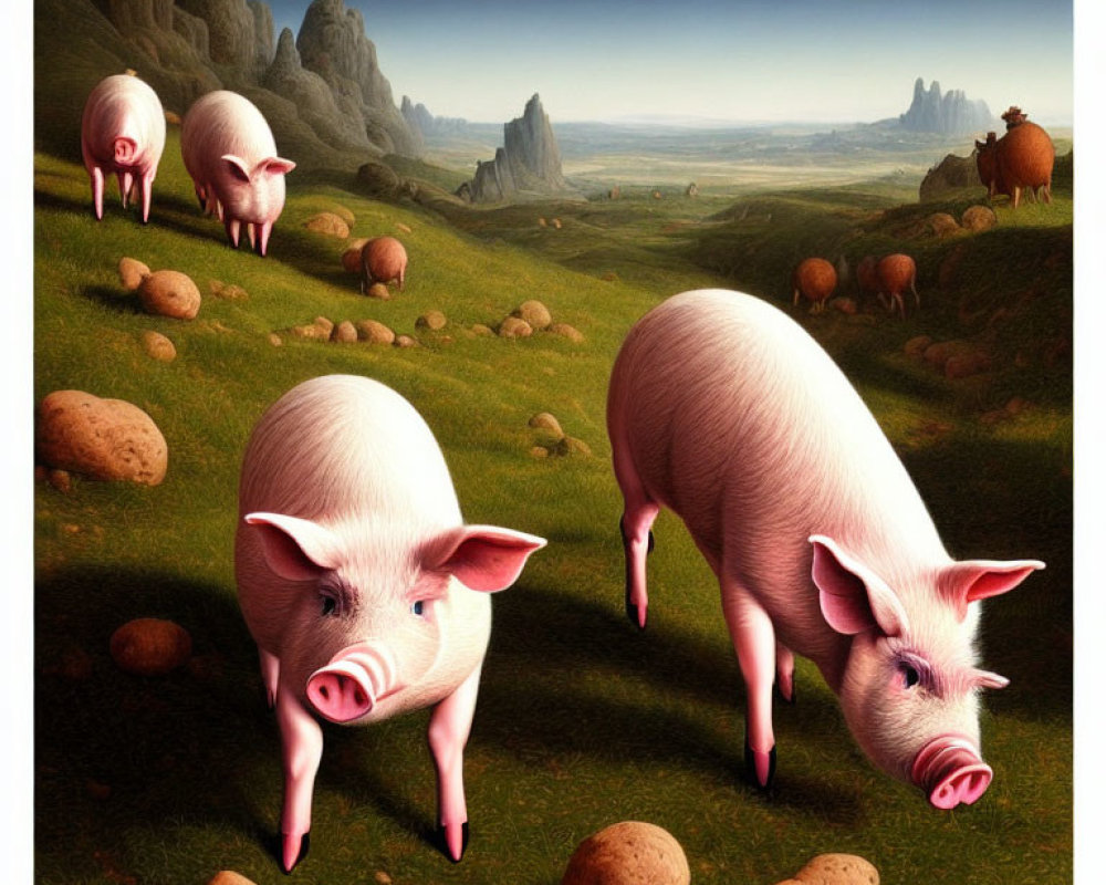 Pink pigs with large heads in surreal fantasy landscape with boulders