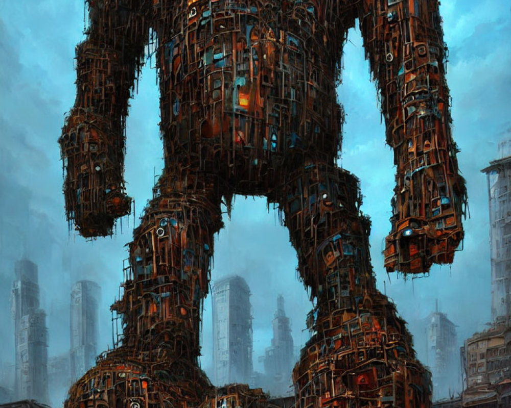 Gigantic humanoid-shaped structure dominates dystopian cityscape