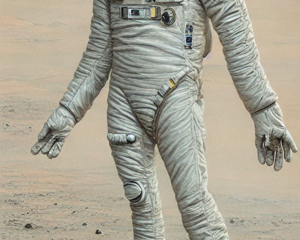 Detailed Spacesuit Astronaut on Mars-like Terrain with Reflection and Distant Figure