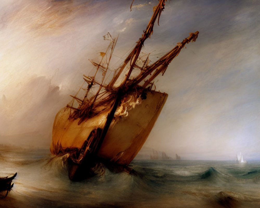 Dramatic painting of sailing ship in stormy seas