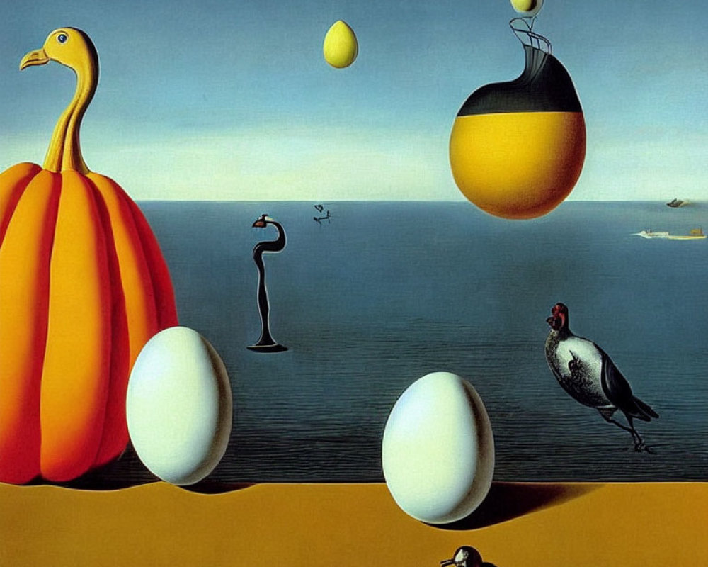 Surrealistic painting featuring giant orange gourd, bird with shell, eggs, floating sphere,