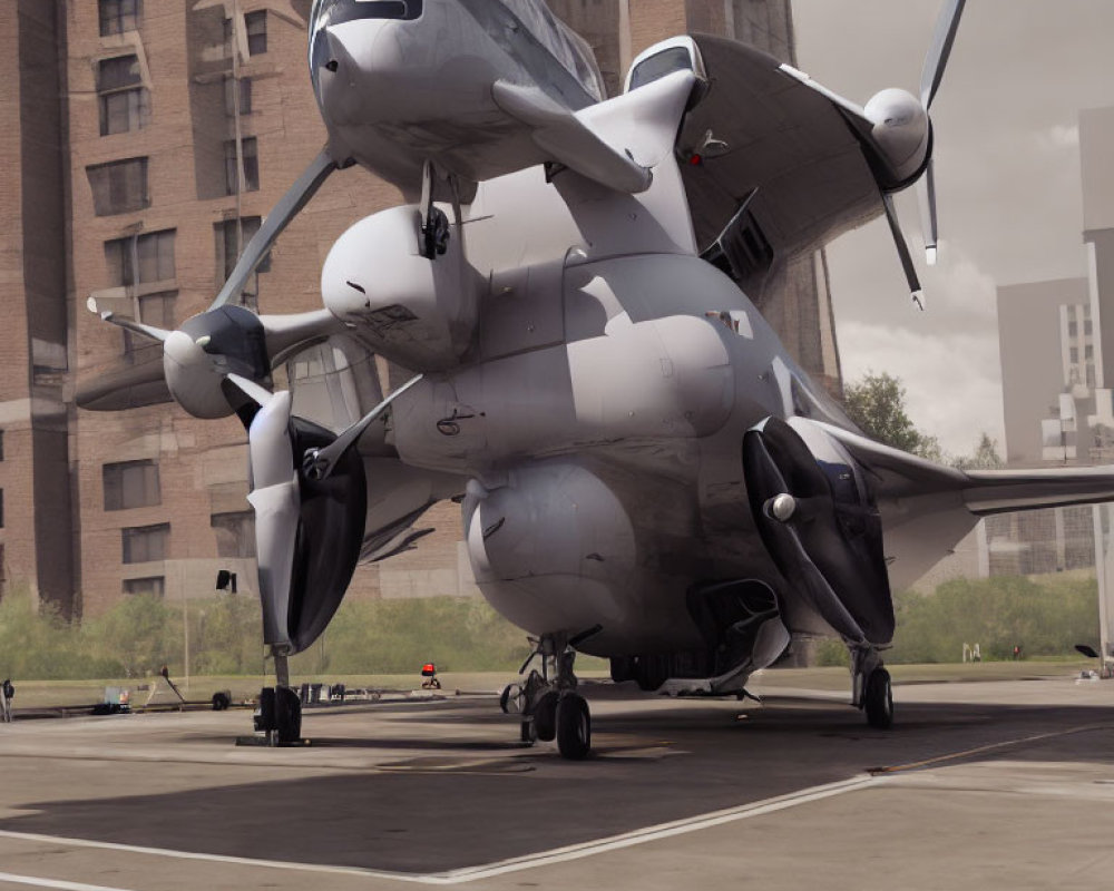 Futuristic tiltrotor aircraft on urban helipad with angled rotors