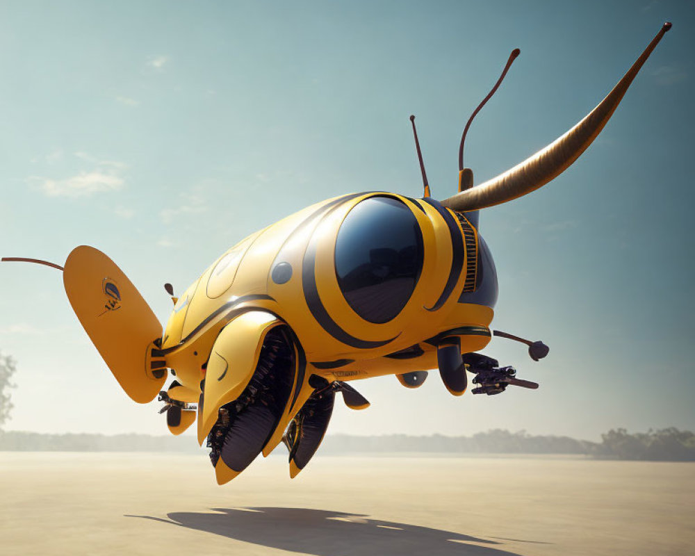 Futuristic yellow and black bee-themed flying vehicle with antennae and mechanical wings