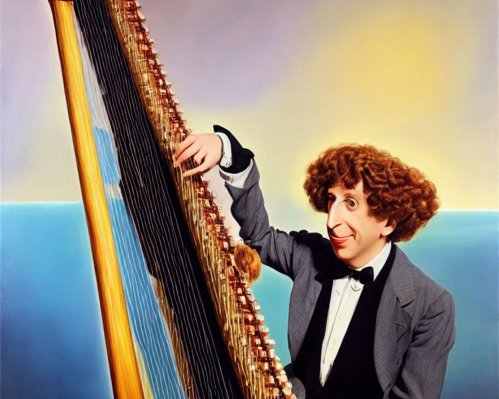 Curly-haired person in tuxedo plays harp by the sea