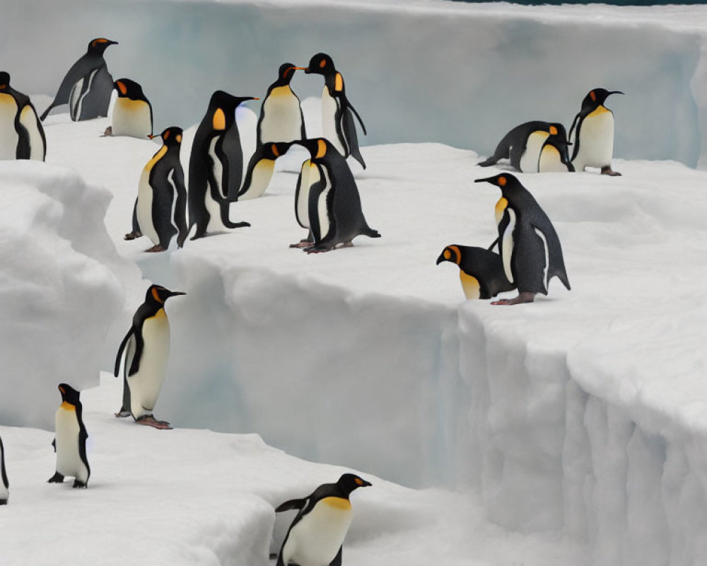 Group of Penguins on Icy Landscape with Some on Ledge