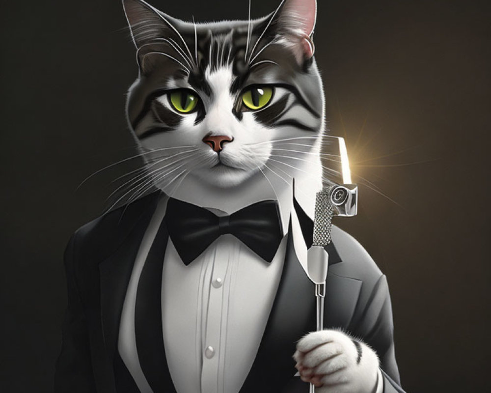 Sophisticated cat illustration with green eyes in tuxedo holding candlestick