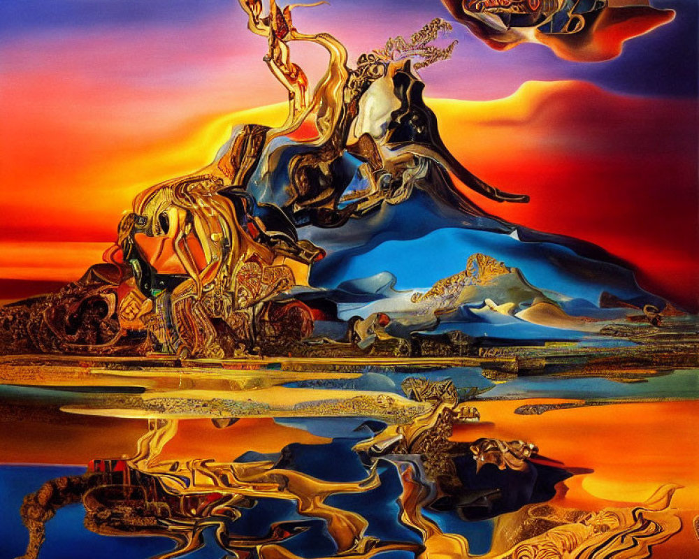 Vibrant sunset hues in surreal painting with melting landscapes and distorted figures