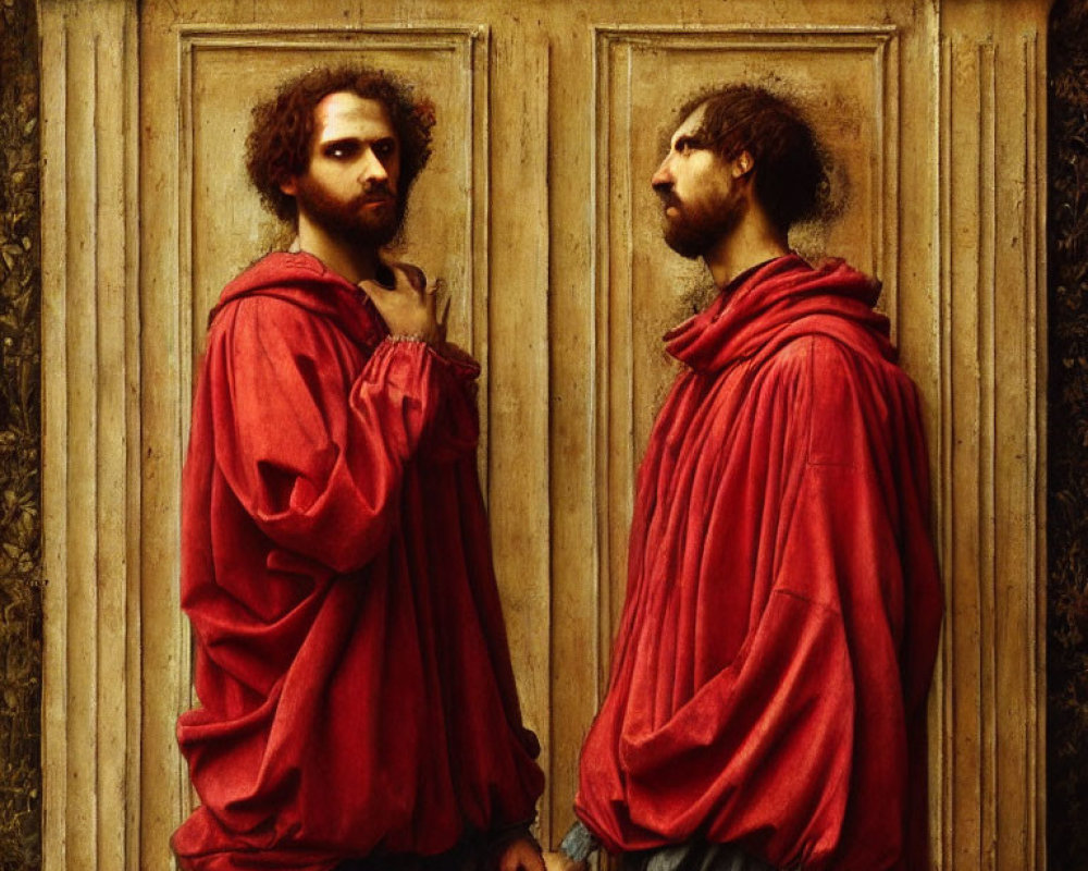 Two Men in Red Cloaks Standing Before Wooden Door