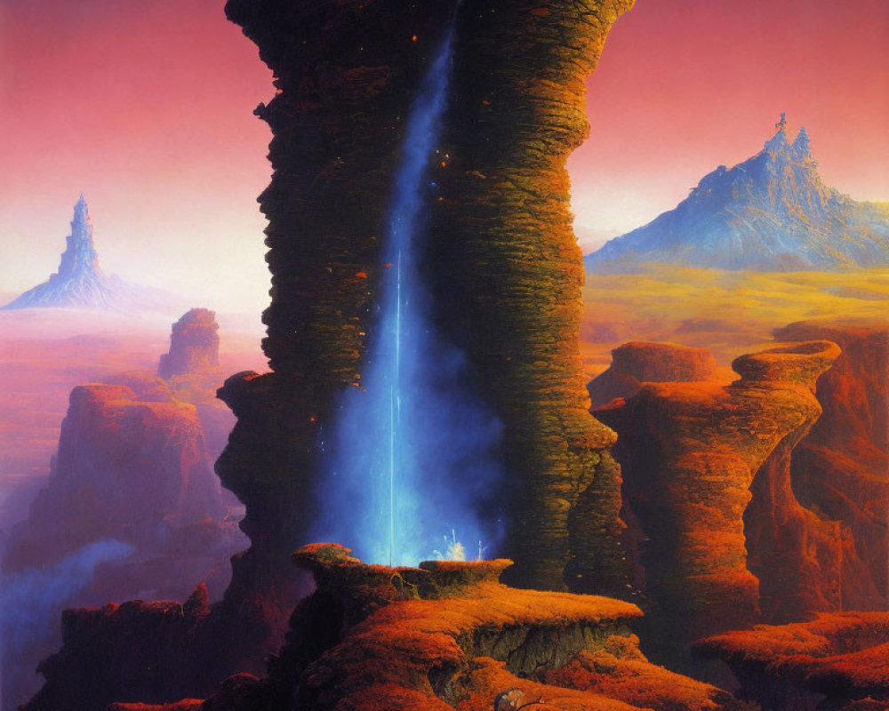 Fantastical landscape painting with towering spires and mystical light under a colorful sky