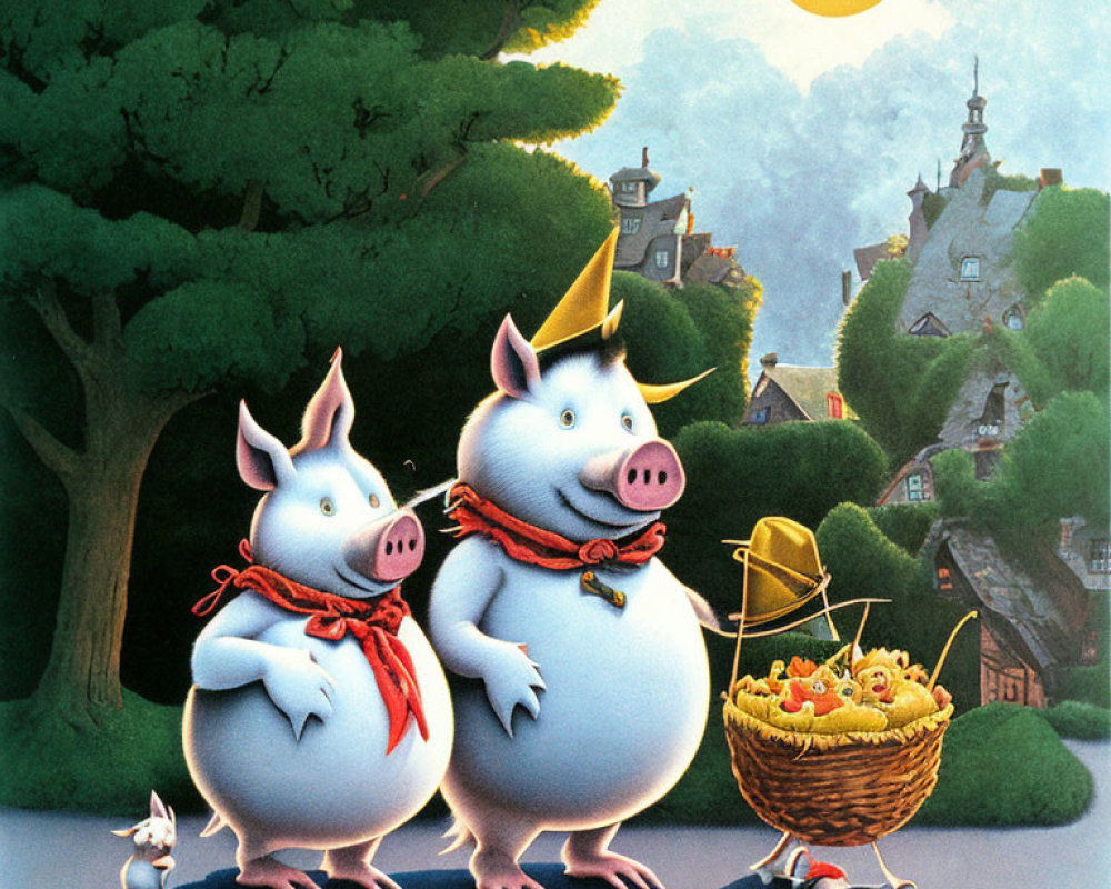 Anthropomorphic pigs in party hats with fruit basket and village background