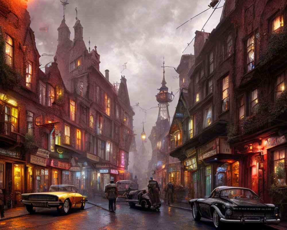 Vintage cars and glowing windows on misty cobblestone street at twilight