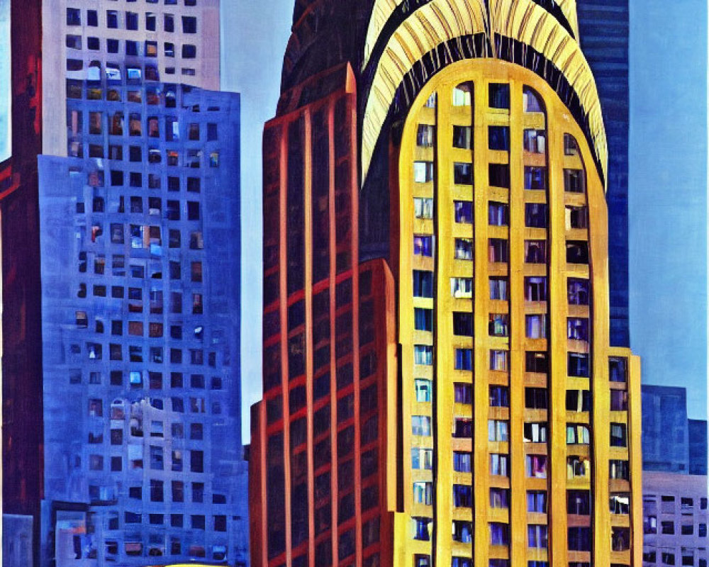 Vibrant skyscraper painting with geometric shapes and bold colors