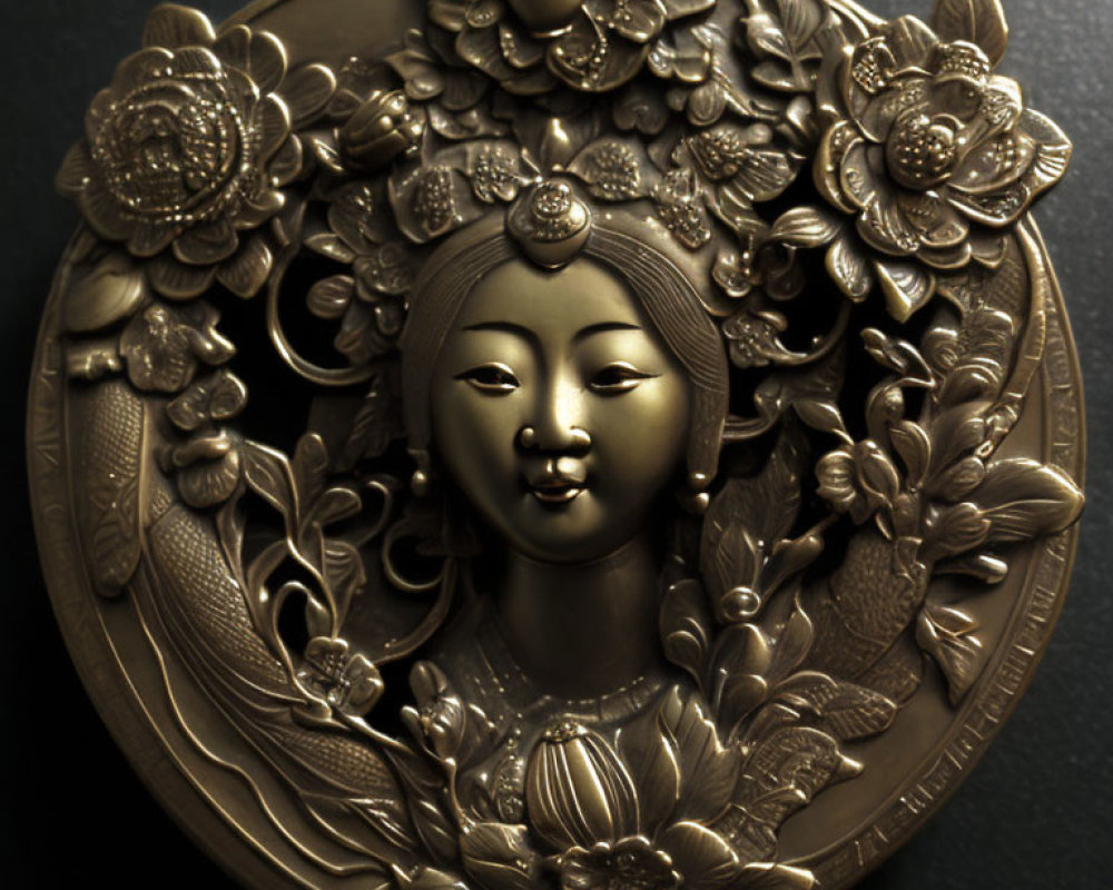 Intricately Detailed Bronze Relief of Female Figure with Floral Motifs