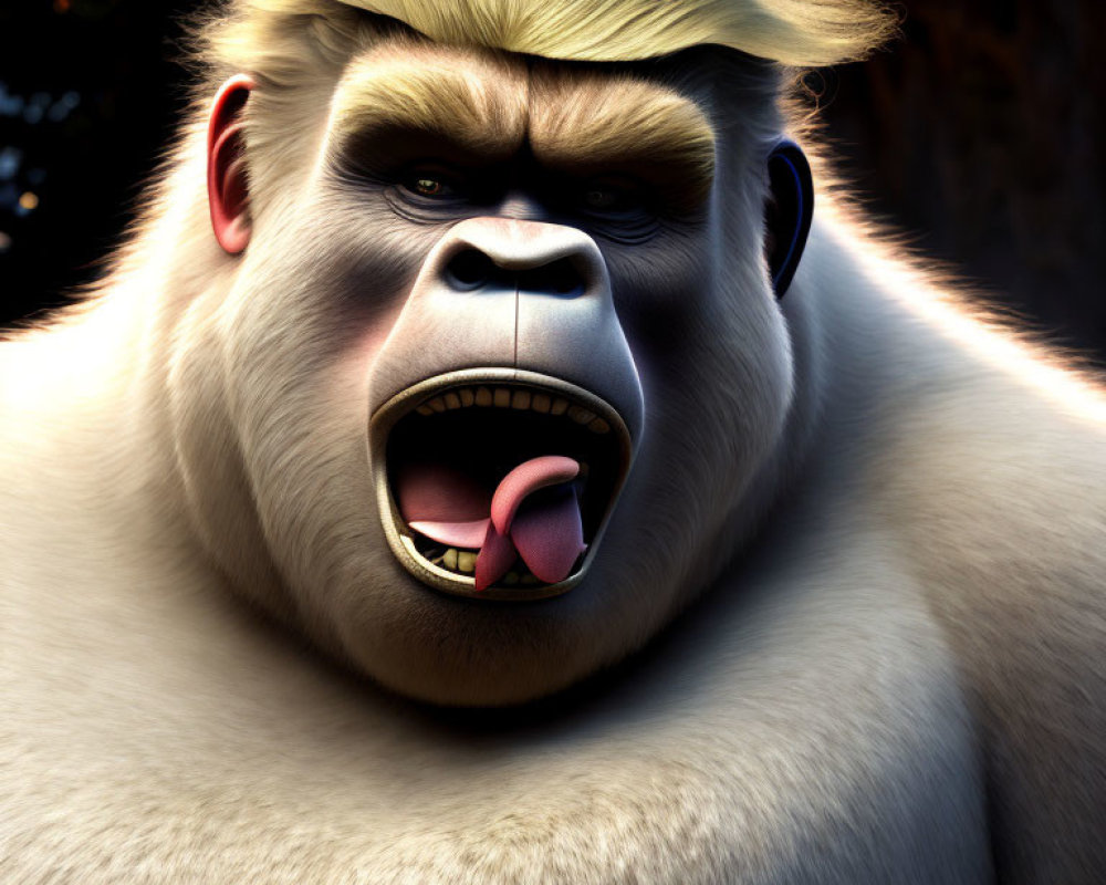 Close-up 3D animated gorilla with contemplative expression and blonde fur