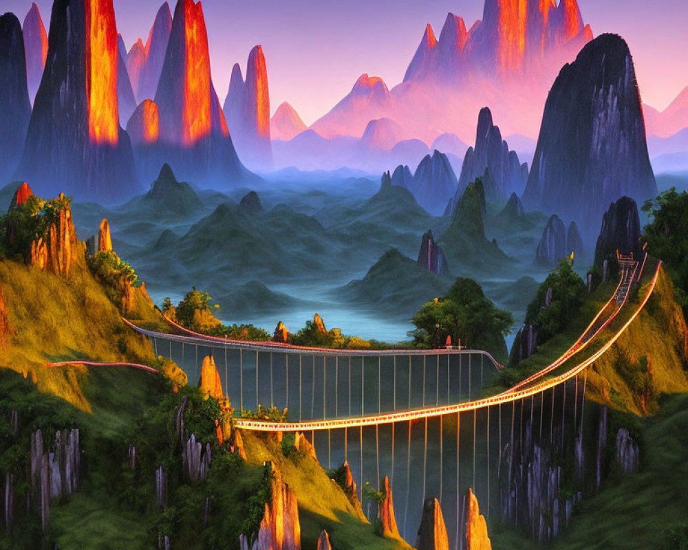 Fantastical landscape with suspension bridge and mountains at sunrise