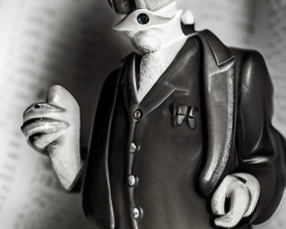 Monochrome stylized figurine in suit and hat with exaggerated features on blurred text background