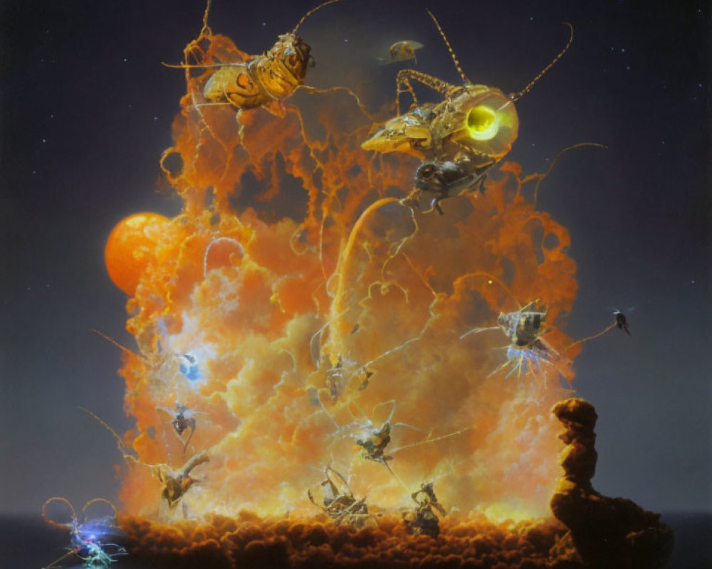 Surreal artwork: Mechanical insects, fiery explosion, twilight sky, orange celestial body