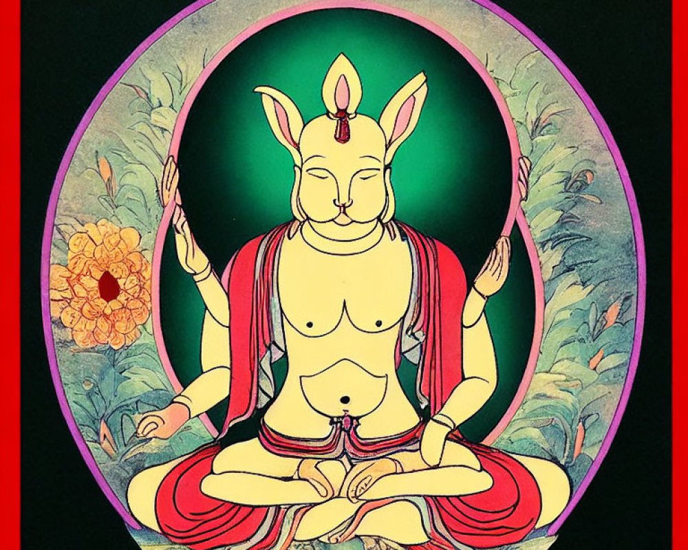 Meditative kangaroo-headed figure in red within oval frame on black background