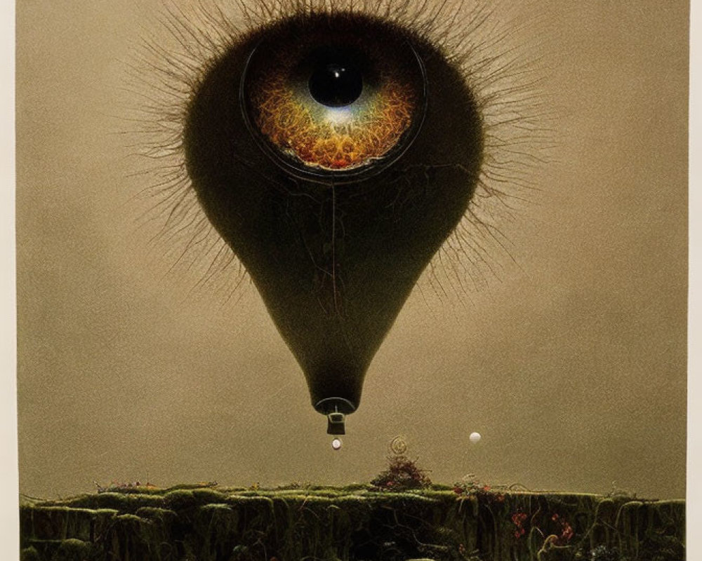 Surreal artwork: Giant eyeball hot air balloon over lush cliff