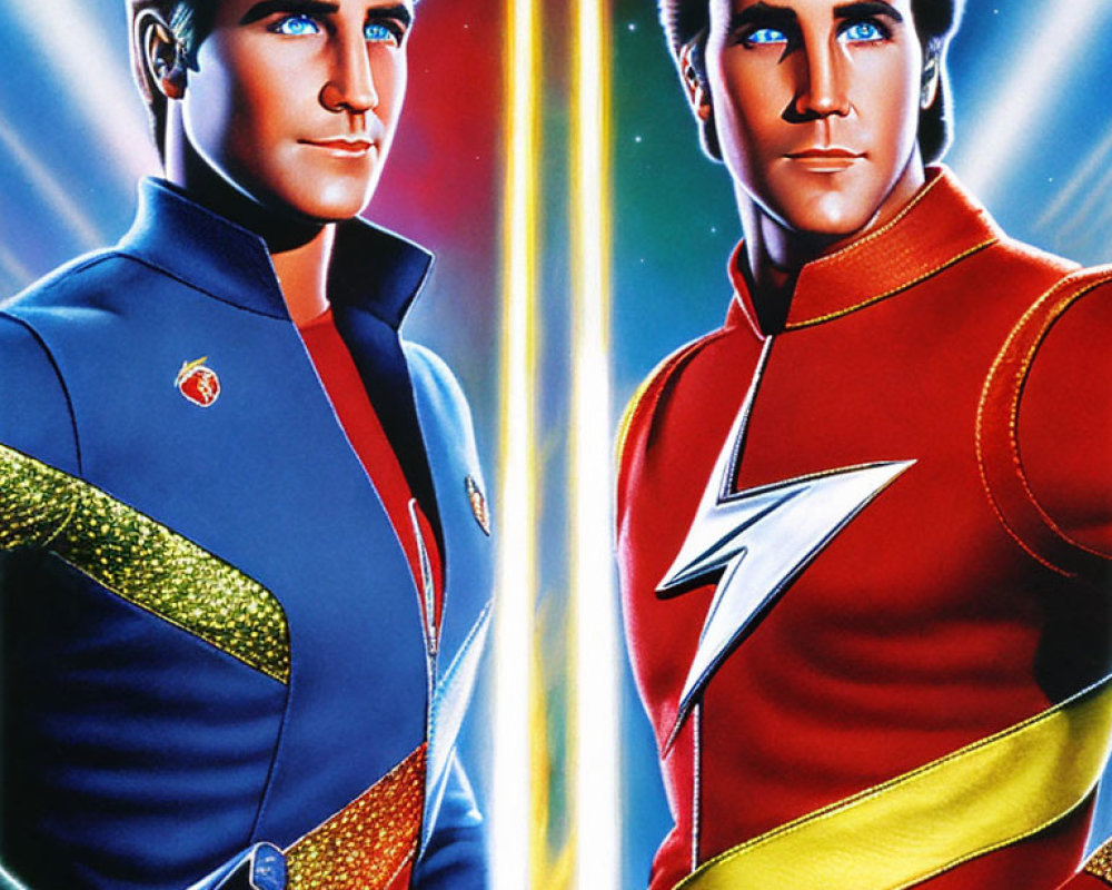 Animated superhero characters in blue and red suits back to back.