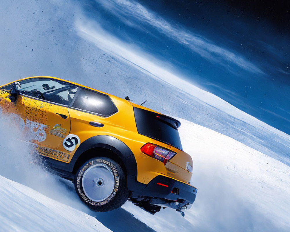 Yellow rally car number 5 drifting on snowy track