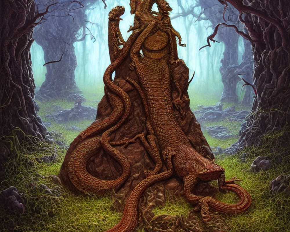 Detailed illustration of colossal dragon-shaped tree in mystical forest.