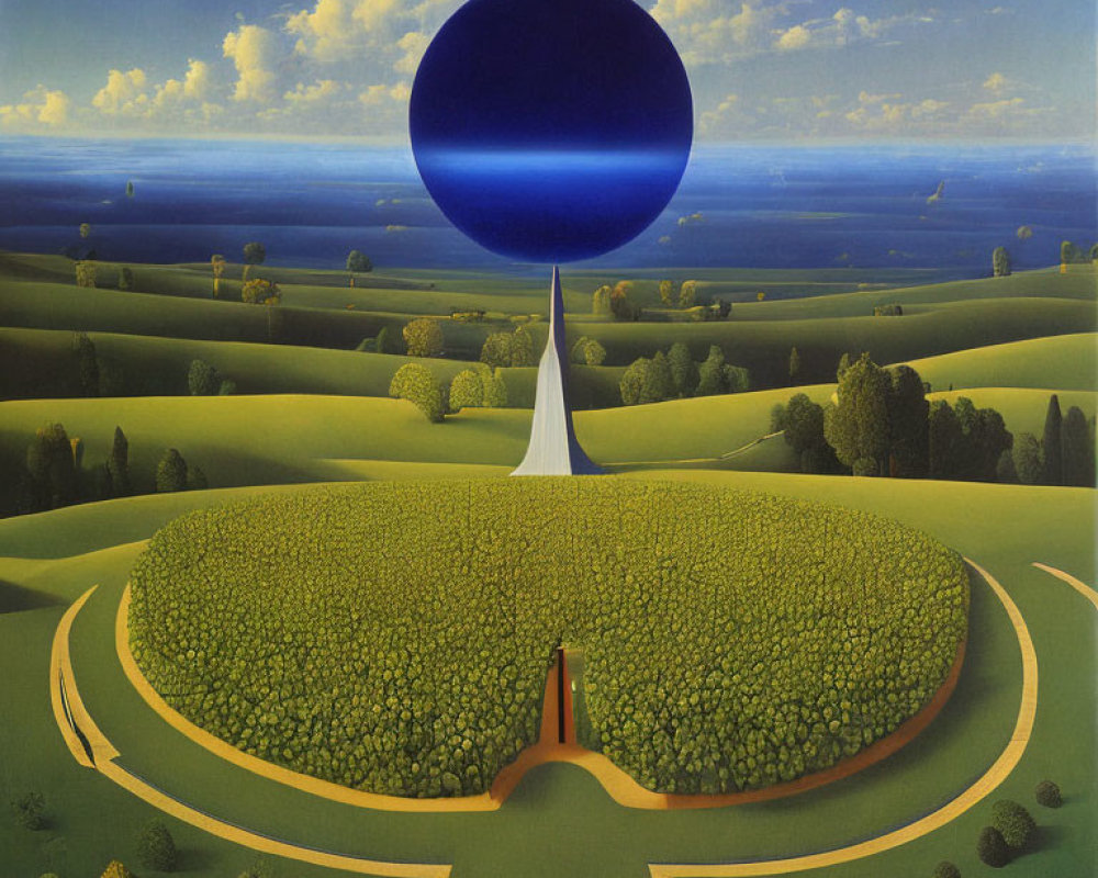 Surrealist landscape painting with blue sphere on conical hill