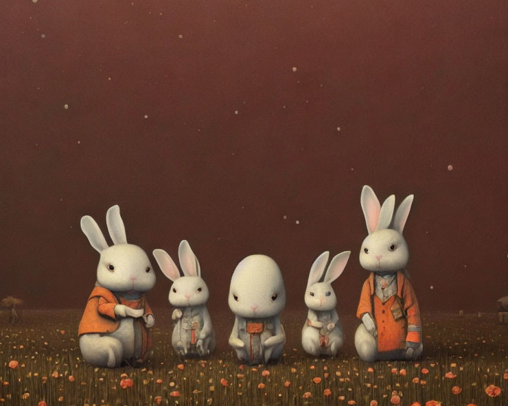 Anthropomorphic rabbits in coats amidst orange flowers at dusk