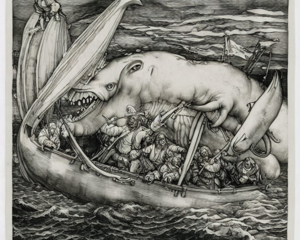 Detailed black and white illustration of giant whale creature carrying boat with people in rough seas