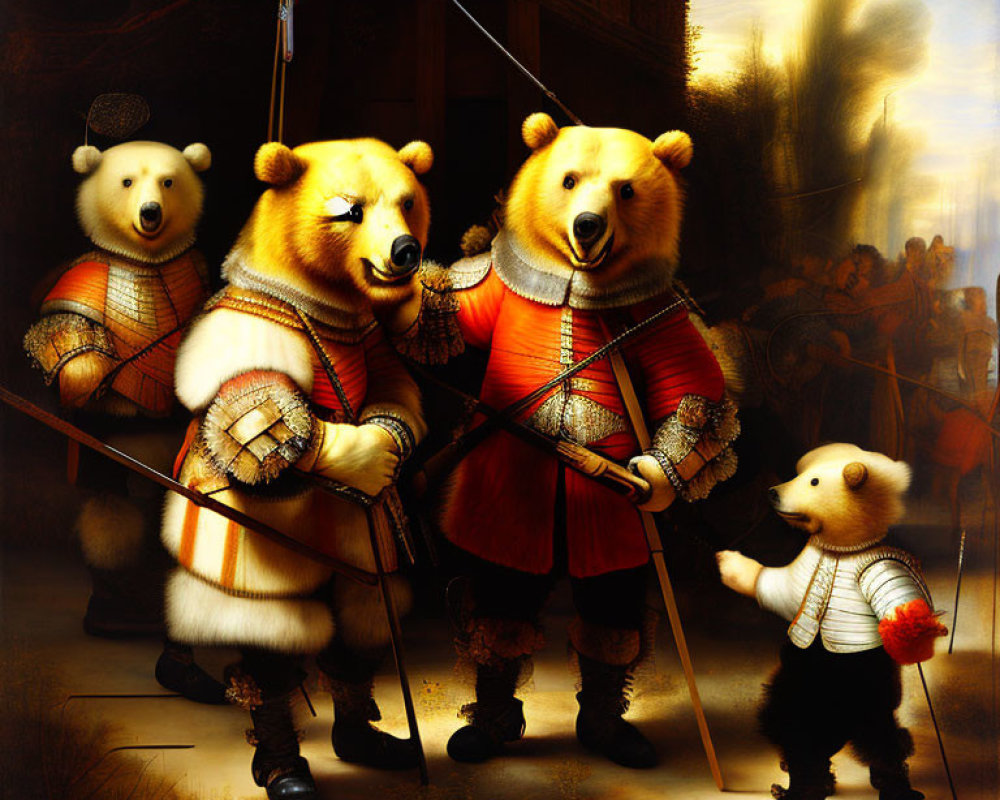 Renaissance musketeer-themed anthropomorphic bear characters with rapiers observed by spectators