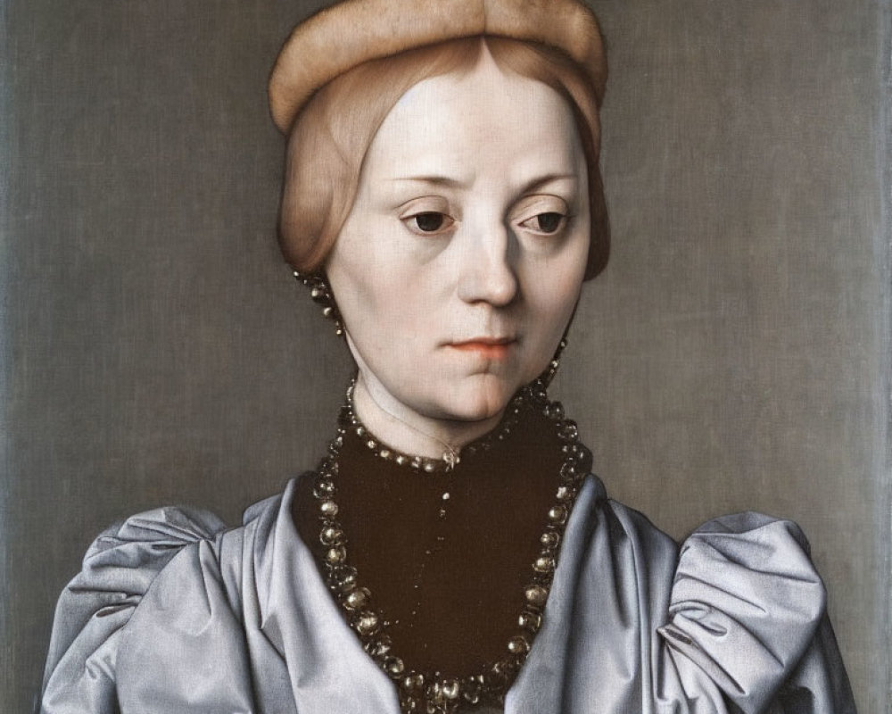 Portrait of Woman in Brown Hat, Pearl Necklace, and Silvery Satin Dress