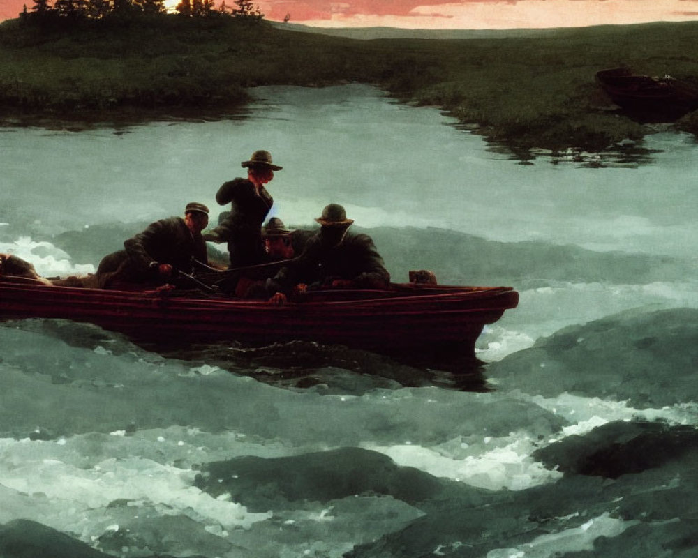 Four People in Rowboat on Choppy Waters at Dusk with Red and Blue Sunset