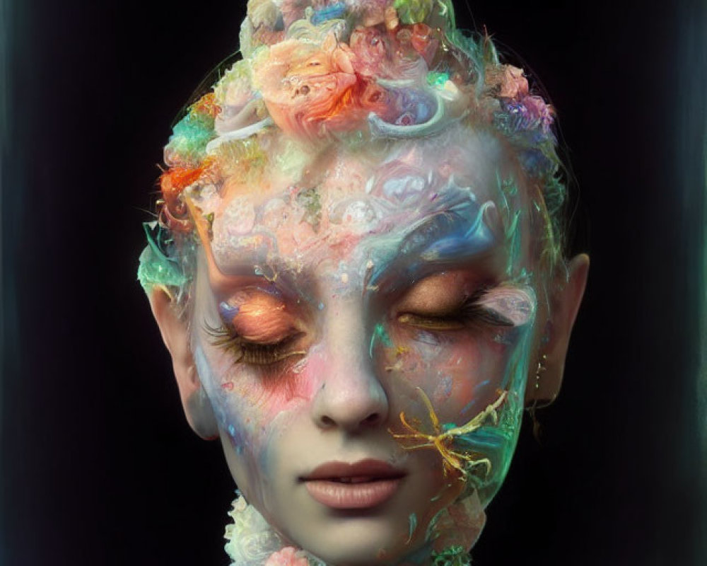 Colorful surreal portrait with floral and coral textures on reflective surface