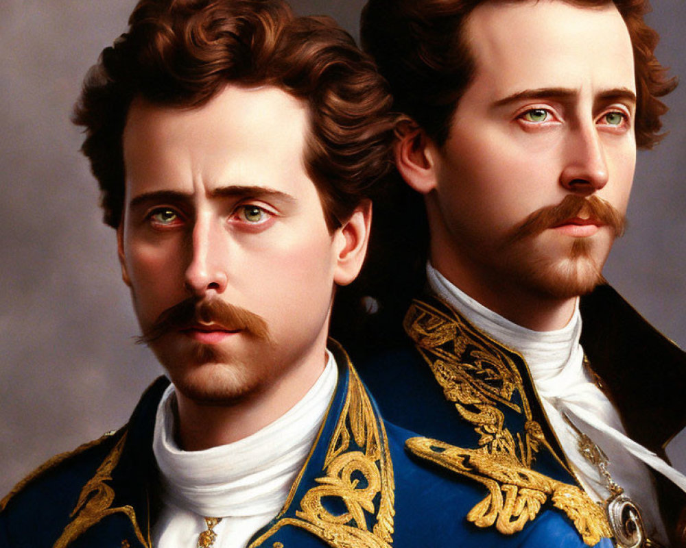 Identical men in 19th-century military attire with styled hair and mustaches