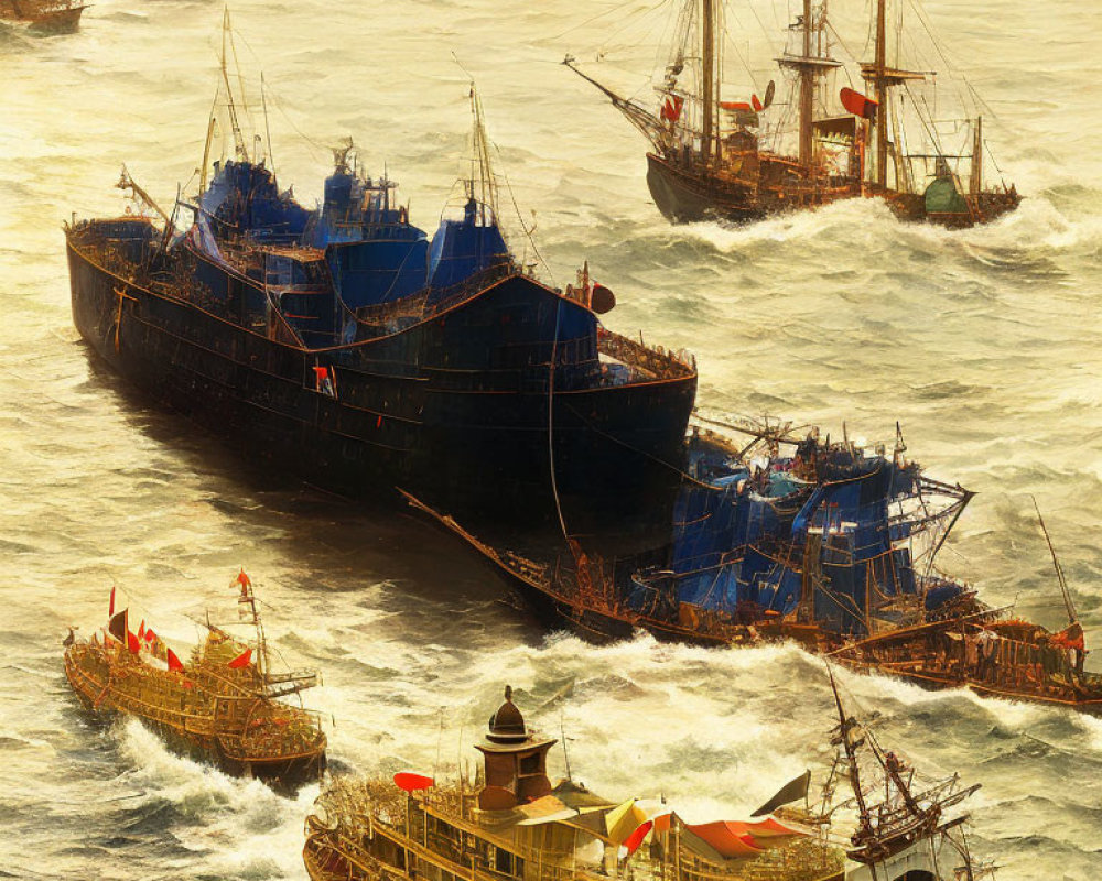 Eclectic fleet of ships under golden sunlight on a misty waterway