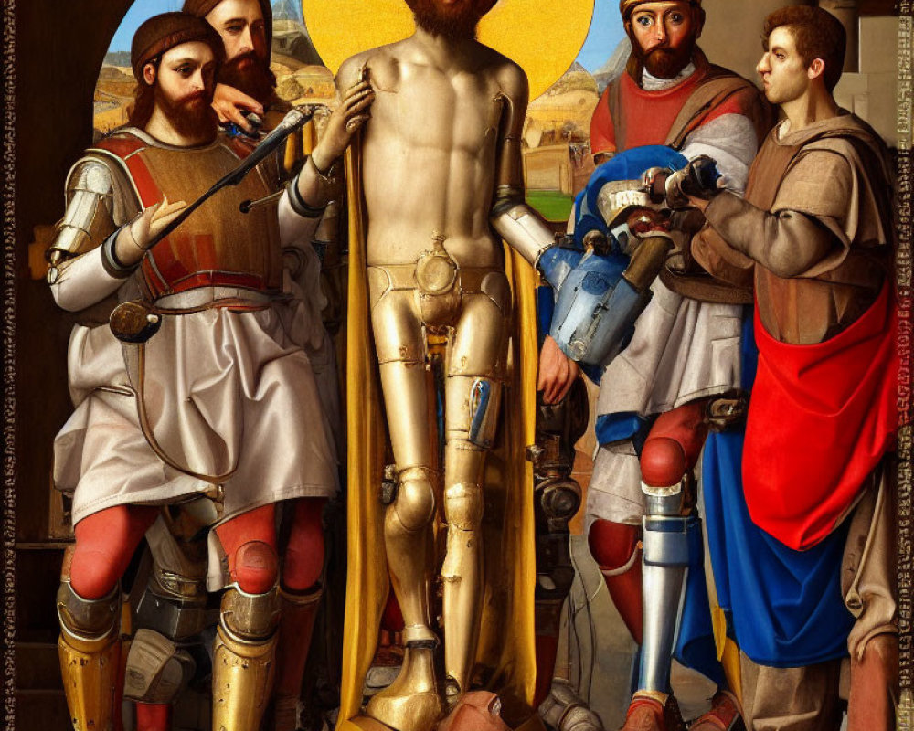 Medieval-themed painting with central figure and armored men surrounding.