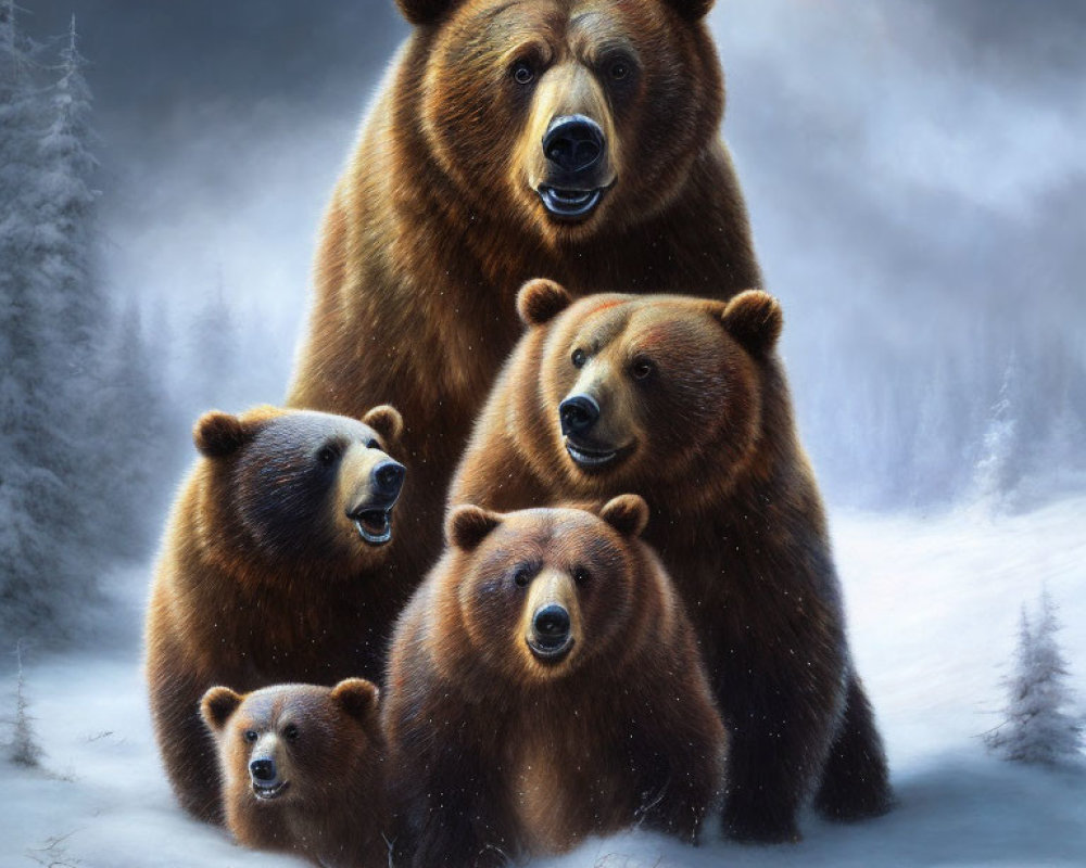 Family of Four Bears Sitting in Snowy Forest Clearing