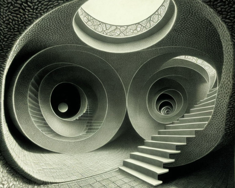 Surreal Illusion: Spiraling Staircases in Ovular Frame