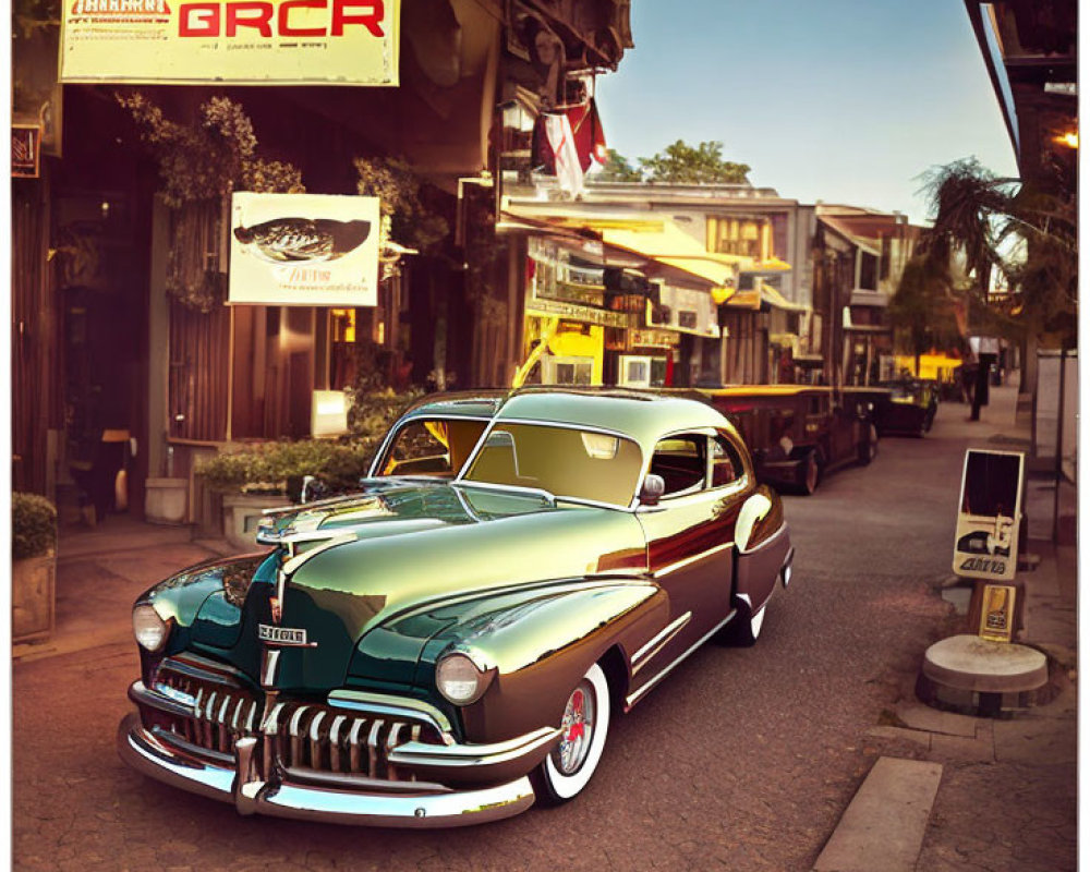 Vintage Green Car Parked on Street with Neon Signs and Dusk Sky