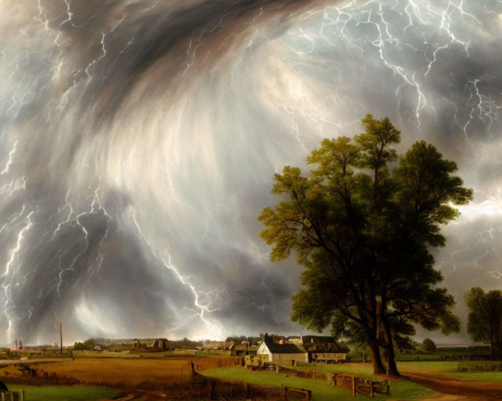 Intense Storm Landscape Painting with Swirling Clouds and Lightning