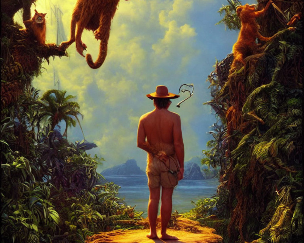 Man in hat on jungle cliff with lion and animals by sea