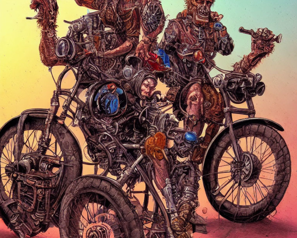 Skeletal Figures on Modified Motorcycle in Warm Background